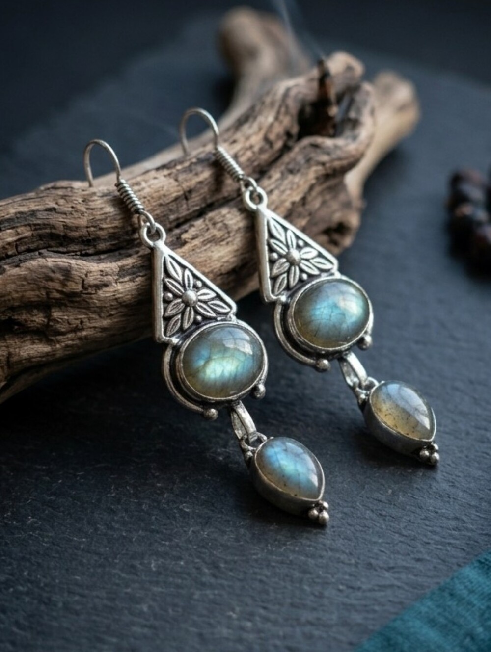 925 Sterling Silver Genuine Labradorite Artisan Handcrafted Dangle Earrings 2.7" - Picture 12 of 16
